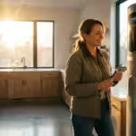 Smiling woman holding a wrench while inspecting a modern water heater in a laundry room