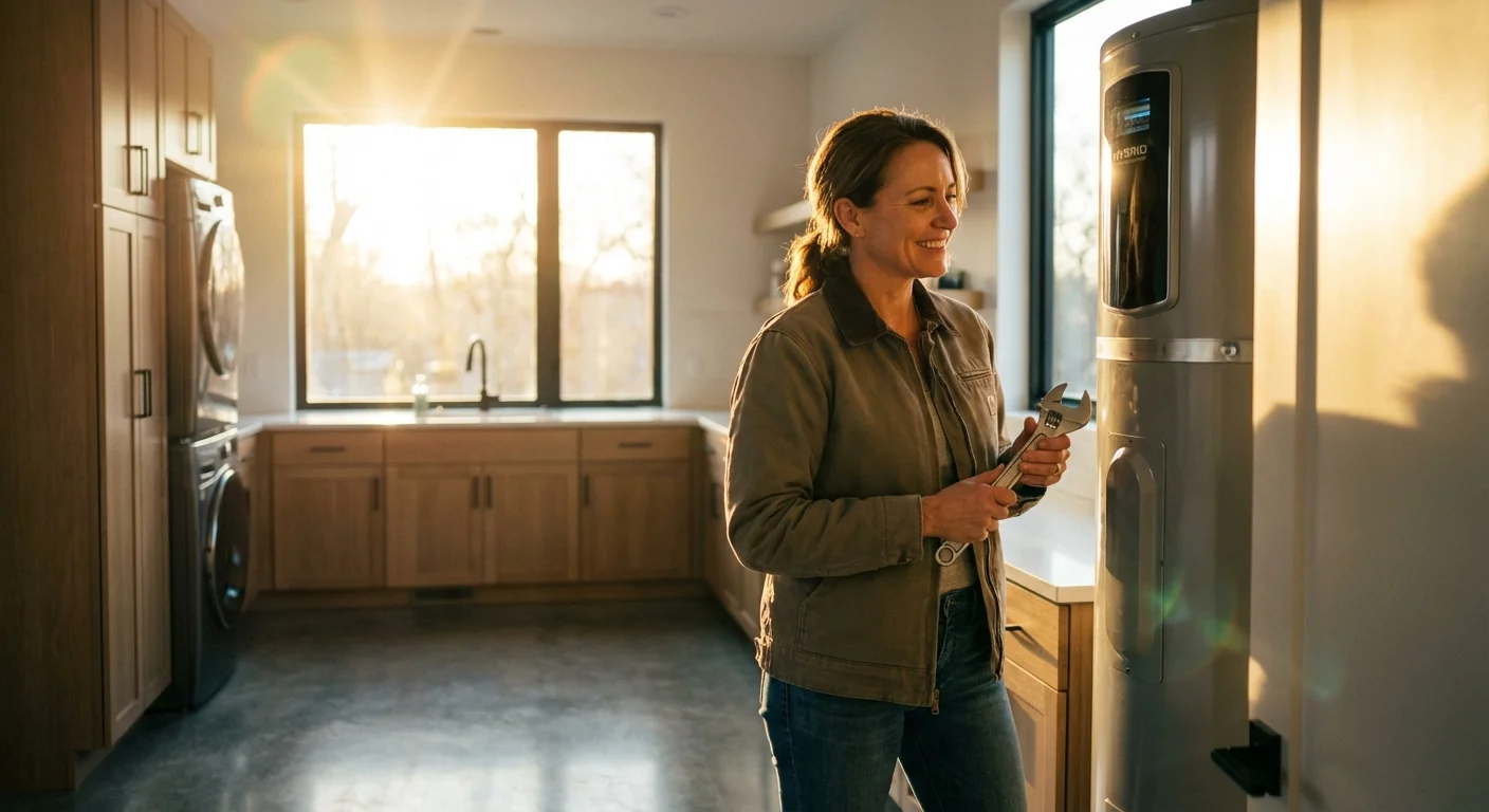 Smiling woman holding a wrench while inspecting a modern water heater in a laundry room