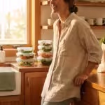A smiling woman in a sunlit kitchen with glass meal prep containers and fresh produce