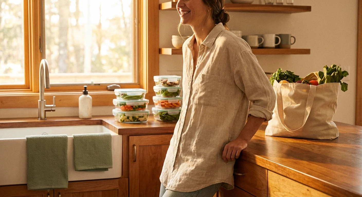A smiling woman in a sunlit kitchen with glass meal prep containers and fresh produce
