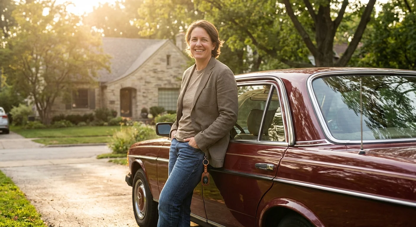 A smiling woman in a blazer leans against a vintage maroon car in a suburban driveway.