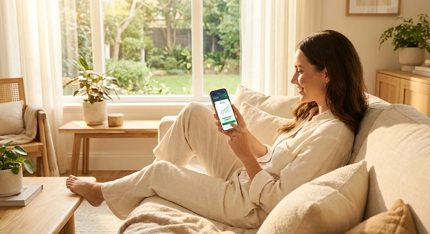 A person happily checking their savings on a mobile banking app.