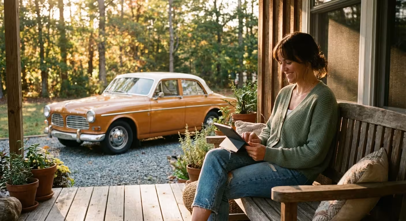 A woman using a tablet on her porch with a car in the background.