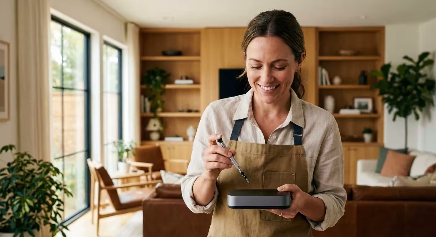 A person holding a tool next to a smart home device, ready for a DIY upgrade.