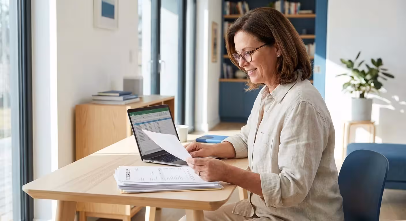 Smiling woman with glasses reviews medical bills at a bright wooden desk with a laptop