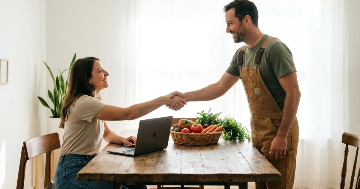 Smiling woman at a laptop shaking hands with a man in overalls over fresh vegetables.