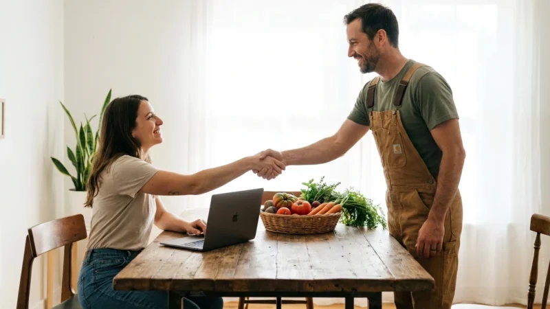 Smiling woman at a laptop shaking hands with a man in overalls over fresh vegetables.