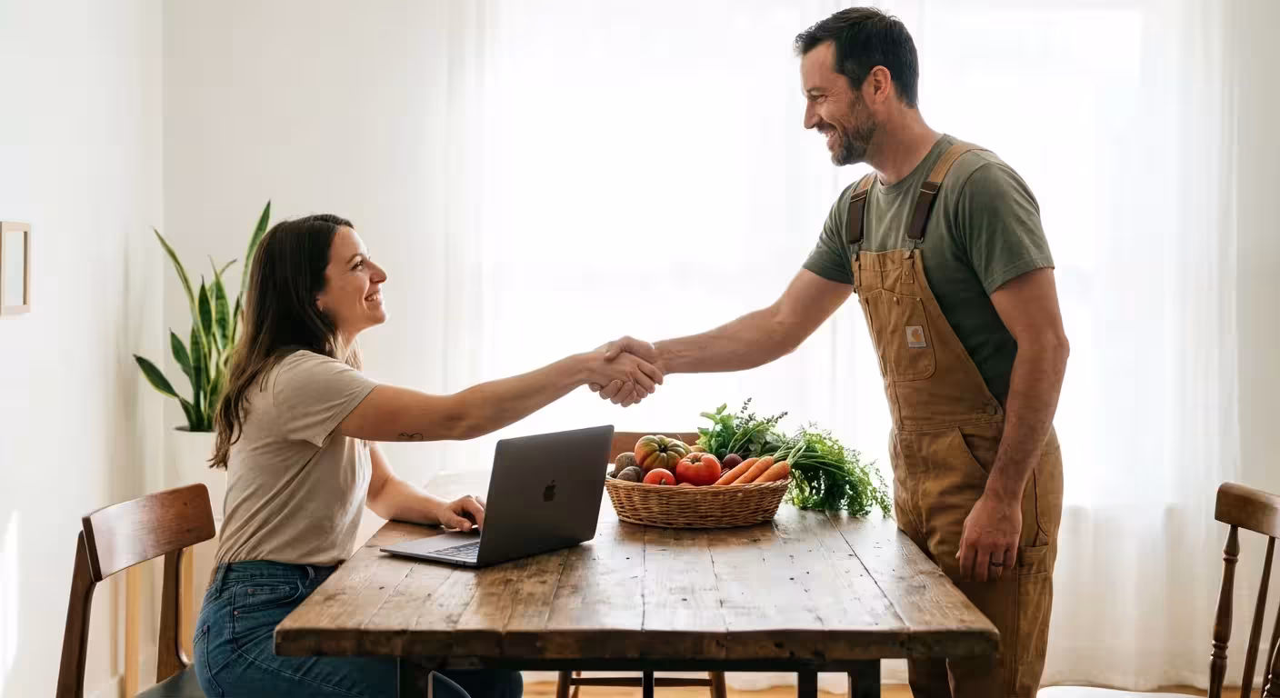 Smiling woman at a laptop shaking hands with a man in overalls over fresh vegetables.