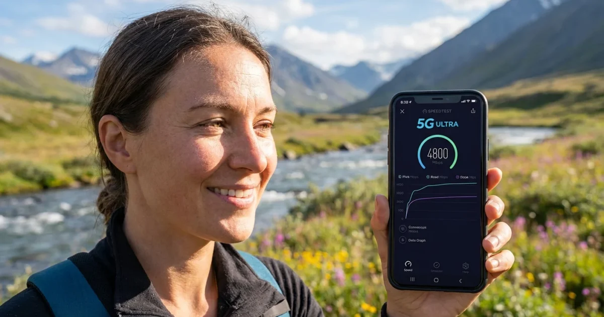 A smiling woman holds a smartphone showing a fast 5G speed test in a mountain landscape.