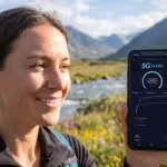 A smiling woman holds a smartphone showing a fast 5G speed test in a mountain landscape.