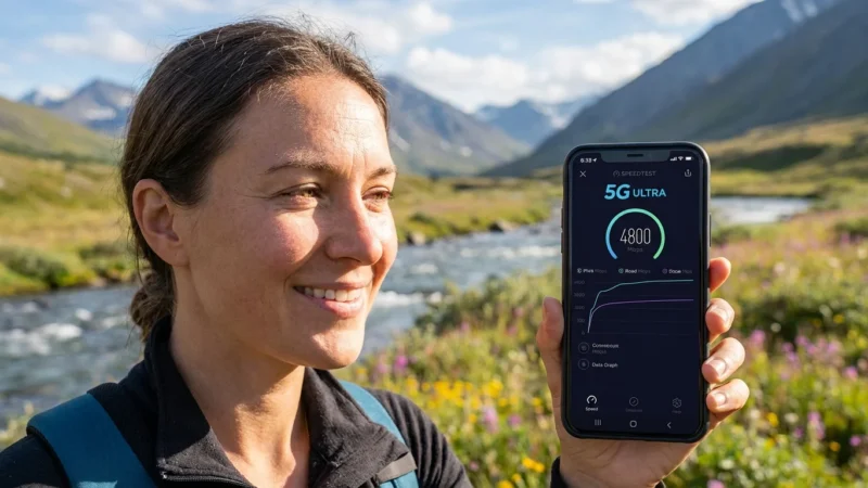 A smiling woman holds a smartphone showing a fast 5G speed test in a mountain landscape.