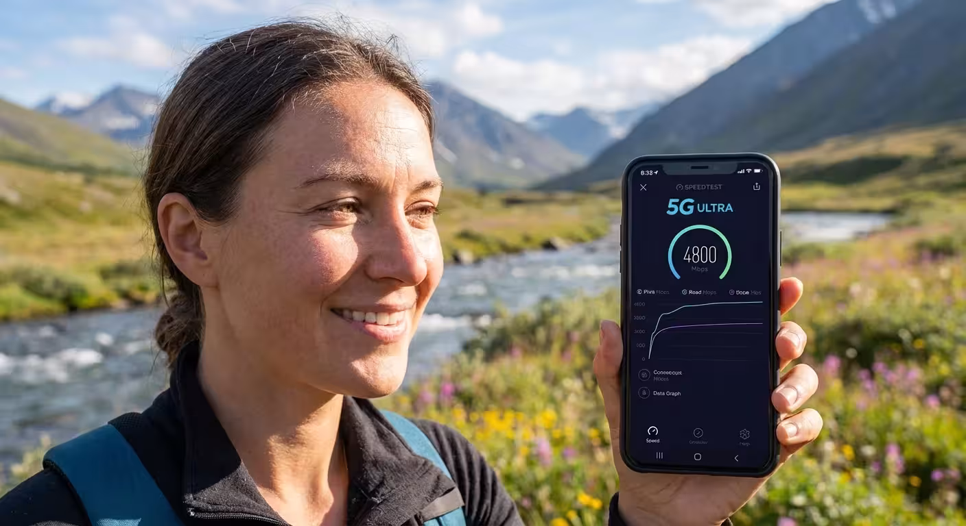 A smiling woman holds a smartphone showing a fast 5G speed test in a mountain landscape.