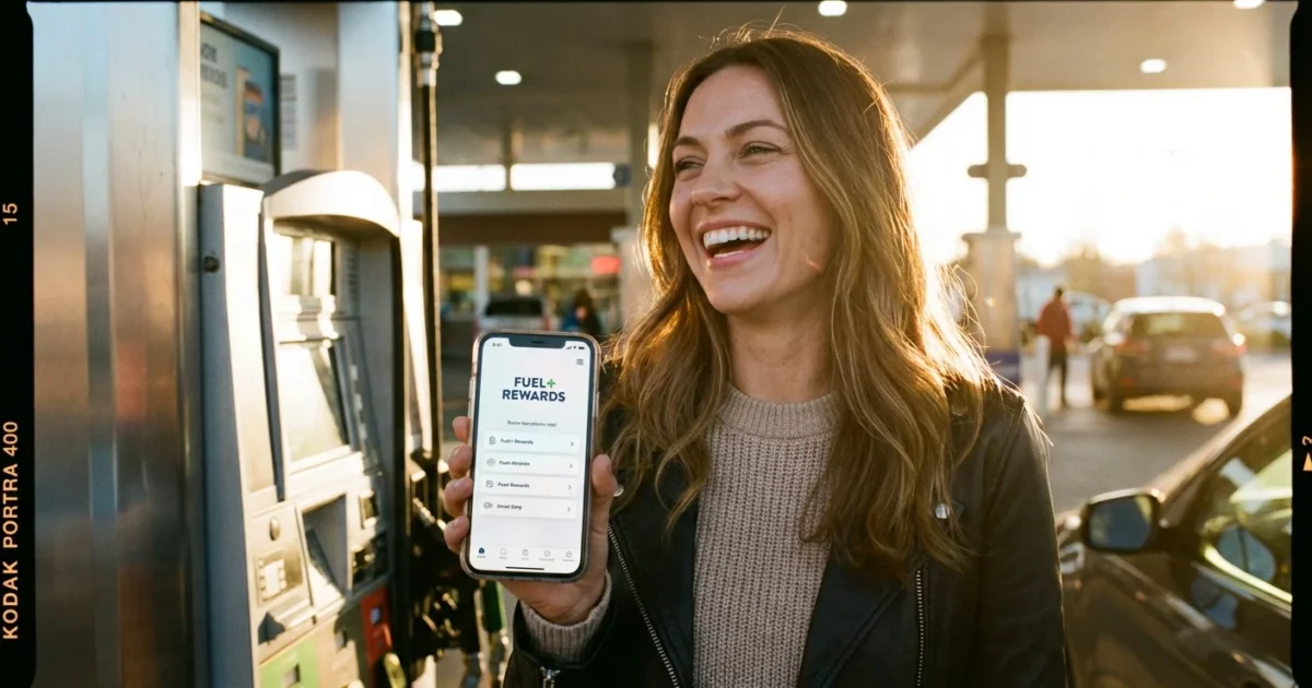 A smiling woman holds a smartphone displaying a fuel rewards app at a gas station.