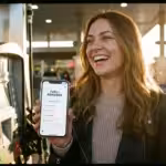 A smiling woman holds a smartphone displaying a fuel rewards app at a gas station.