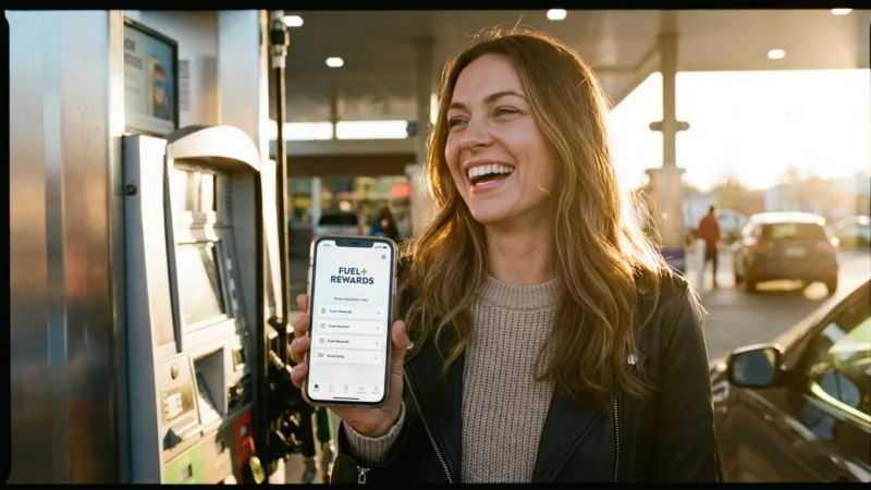 A smiling woman holds a smartphone displaying a fuel rewards app at a gas station.