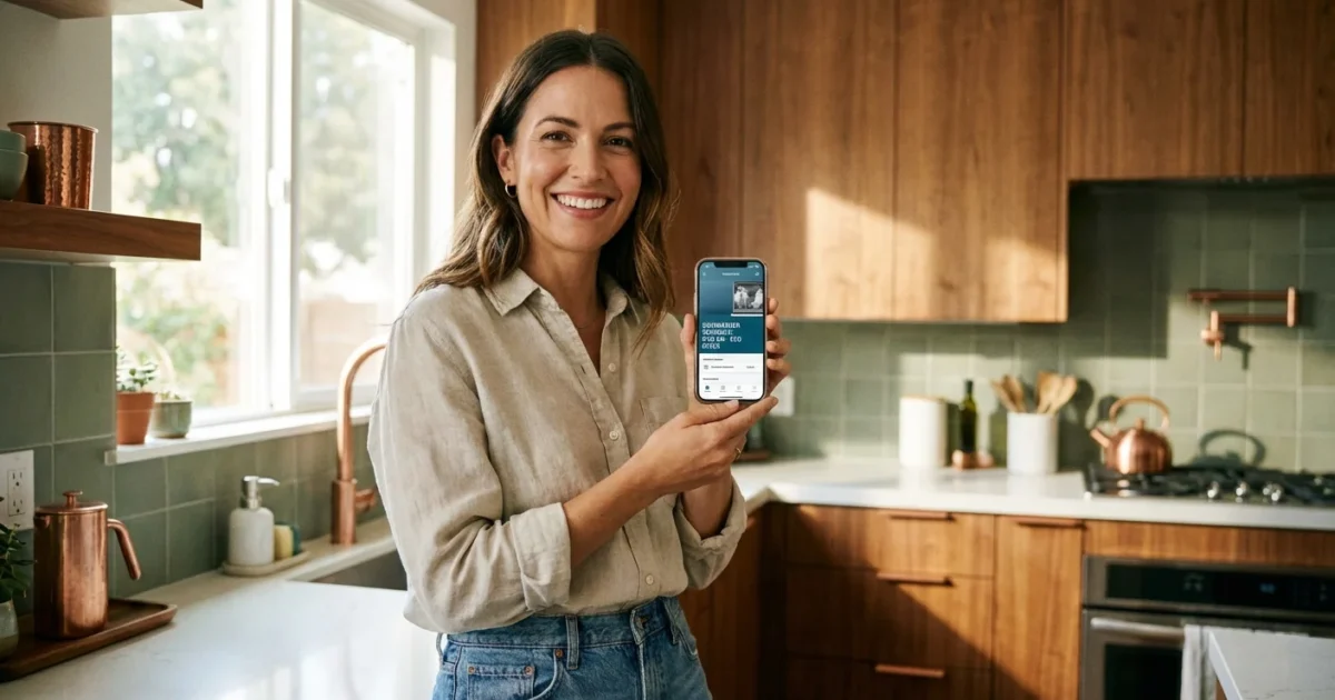 A smiling woman stands in a modern kitchen holding a smartphone displaying a mobile app.