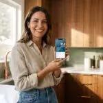 A smiling woman stands in a modern kitchen holding a smartphone displaying a mobile app.