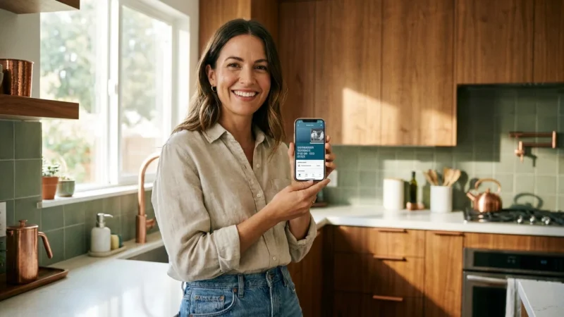 A smiling woman stands in a modern kitchen holding a smartphone displaying a mobile app.