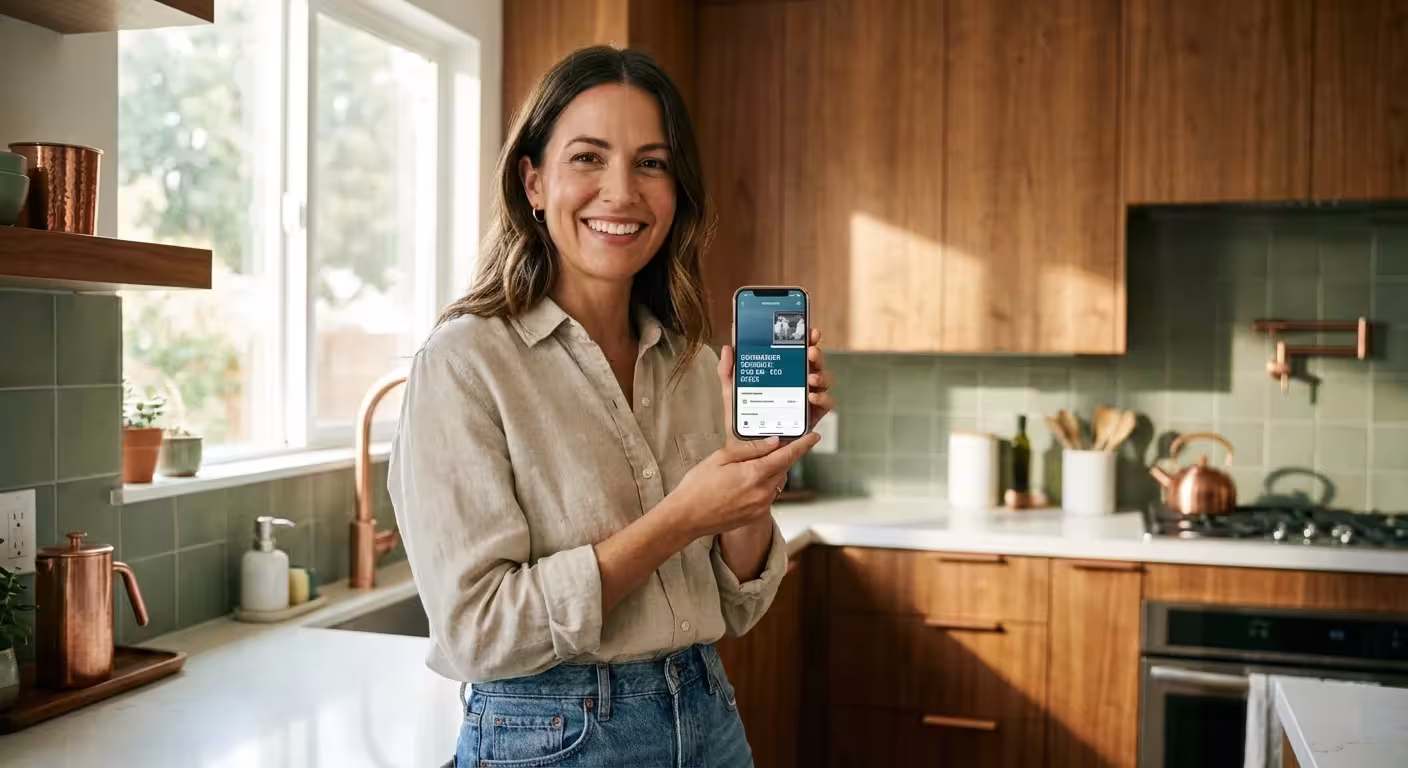 A smiling woman stands in a modern kitchen holding a smartphone displaying a mobile app.