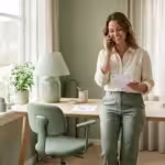 A smiling woman talks on her smartphone while holding a document in a bright home office.