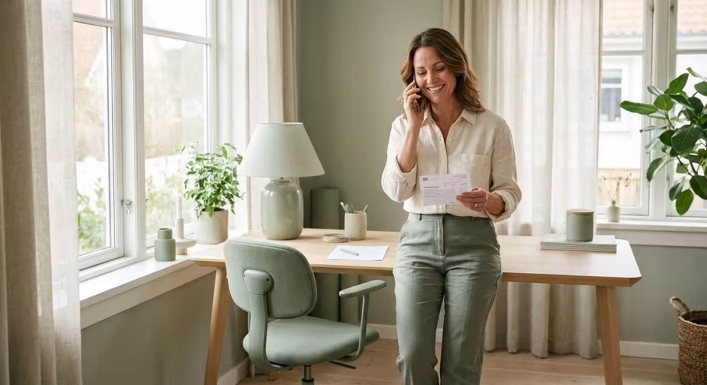 A smiling woman talks on her smartphone while holding a document in a bright home office.
