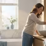 Smiling woman turning on a faucet over a stone sink in a bright, modern bathroom.
