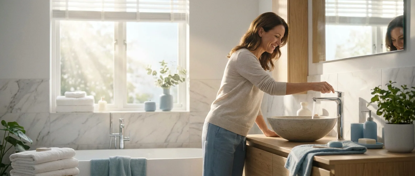 Smiling woman turning on a faucet over a stone sink in a bright, modern bathroom.