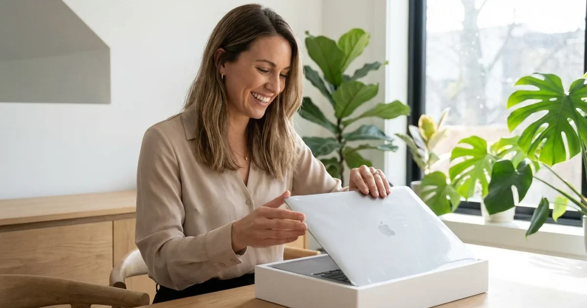 Smiling woman unboxing a new silver Apple MacBook laptop in a bright room with plants.