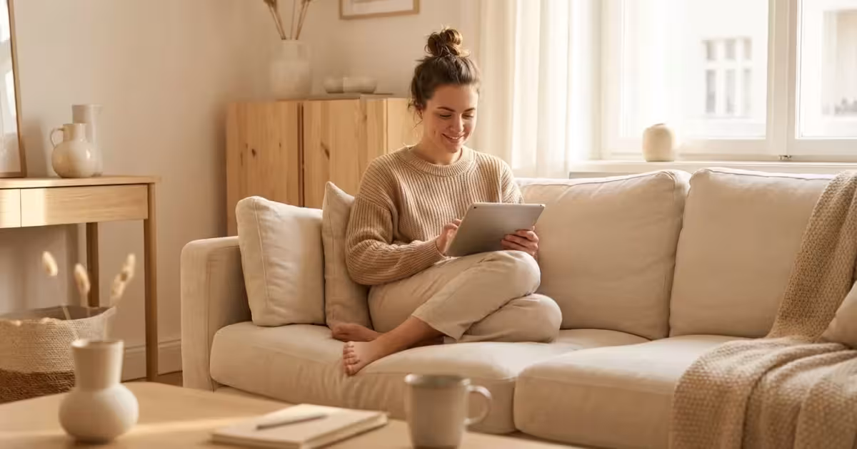 Smiling woman using a digital tablet on a beige sofa in a bright living room