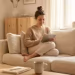 Smiling woman using a digital tablet on a beige sofa in a bright living room