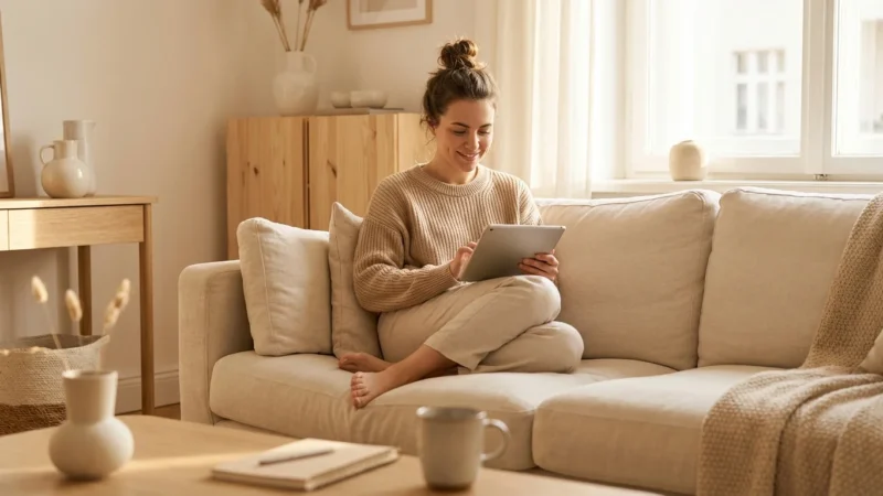 Smiling woman using a digital tablet on a beige sofa in a bright living room