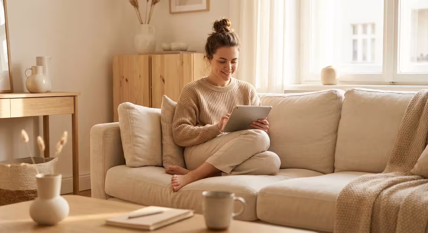Smiling woman using a digital tablet on a beige sofa in a bright living room