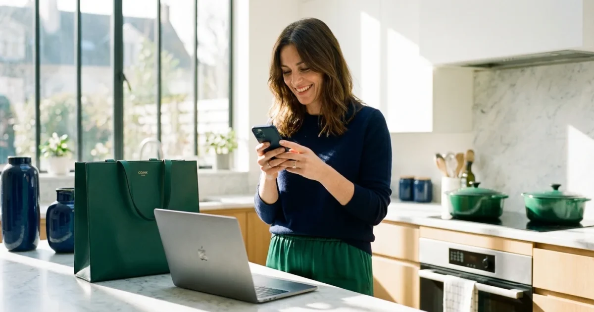 Smiling woman using a smartphone while standing at a kitchen island with an open laptop