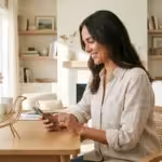 Smiling woman using a smartphone at a wooden desk in a bright, modern home office.