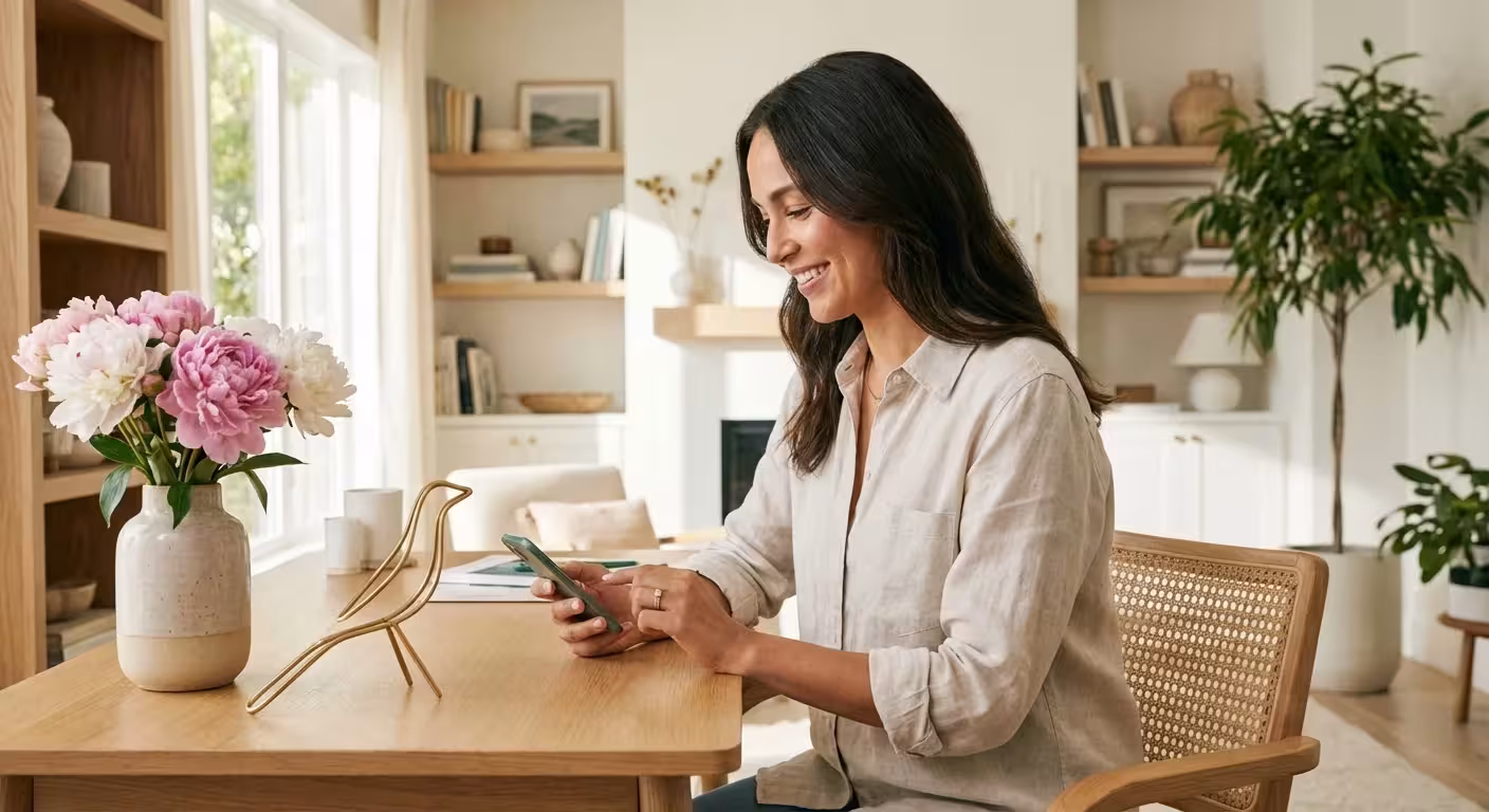 Smiling woman using a smartphone at a wooden desk in a bright, modern home office.