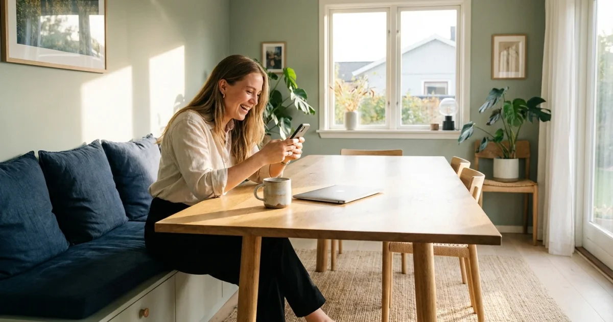 A smiling woman sits at a wooden dining table using her smartphone in a bright room.