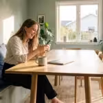 A smiling woman sits at a wooden dining table using her smartphone in a bright room.