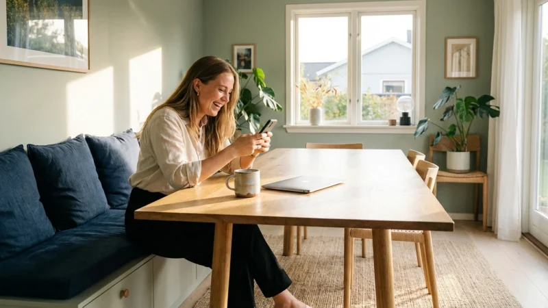 A smiling woman sits at a wooden dining table using her smartphone in a bright room.
