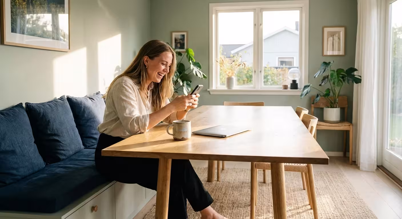 A smiling woman sits at a wooden dining table using her smartphone in a bright room.