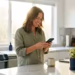 A smiling woman in a green shirt uses her smartphone in a bright, modern kitchen.