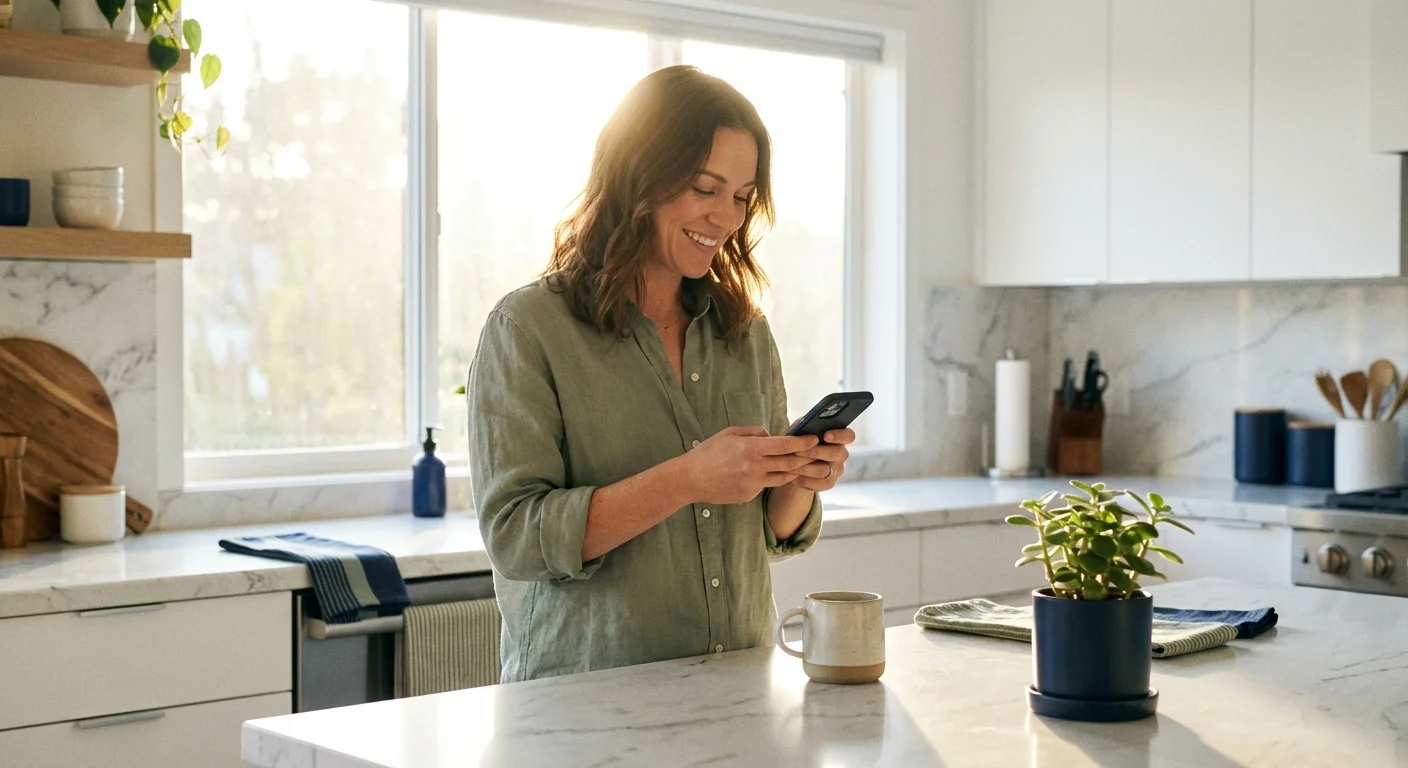 A smiling woman in a green shirt uses her smartphone in a bright, modern kitchen.