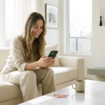 Smiling woman sitting on a white sofa using a smartphone in a modern living room.