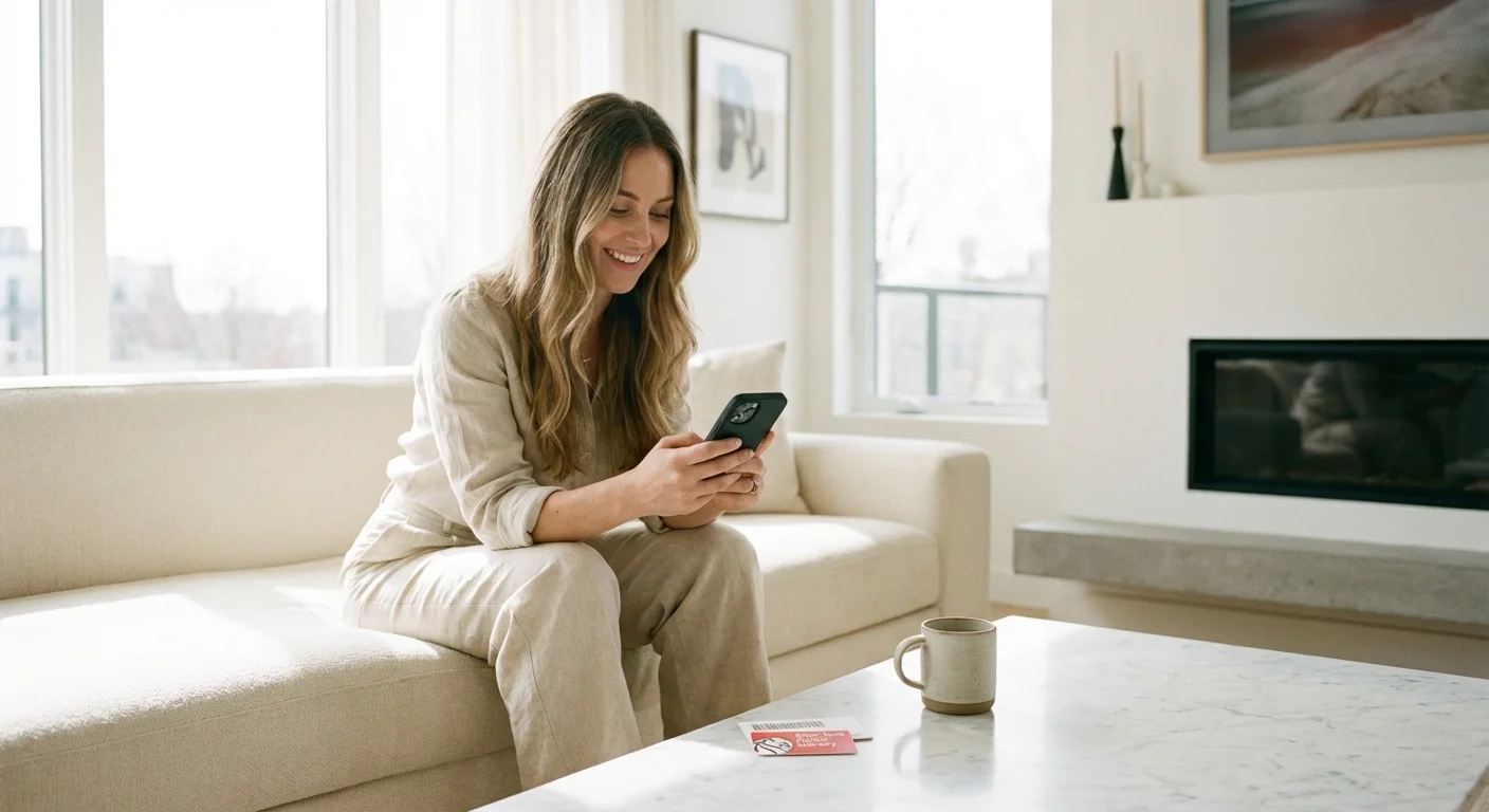 Smiling woman sitting on a white sofa using a smartphone in a modern living room.