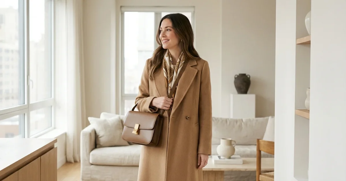 Smiling woman wearing a camel wool coat and brown leather bag in a modern living room