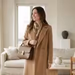 Smiling woman wearing a camel wool coat and brown leather bag in a modern living room