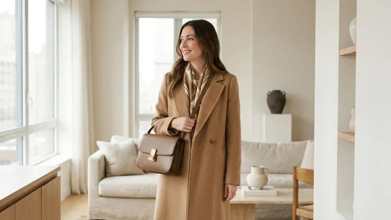 Smiling woman wearing a camel wool coat and brown leather bag in a modern living room
