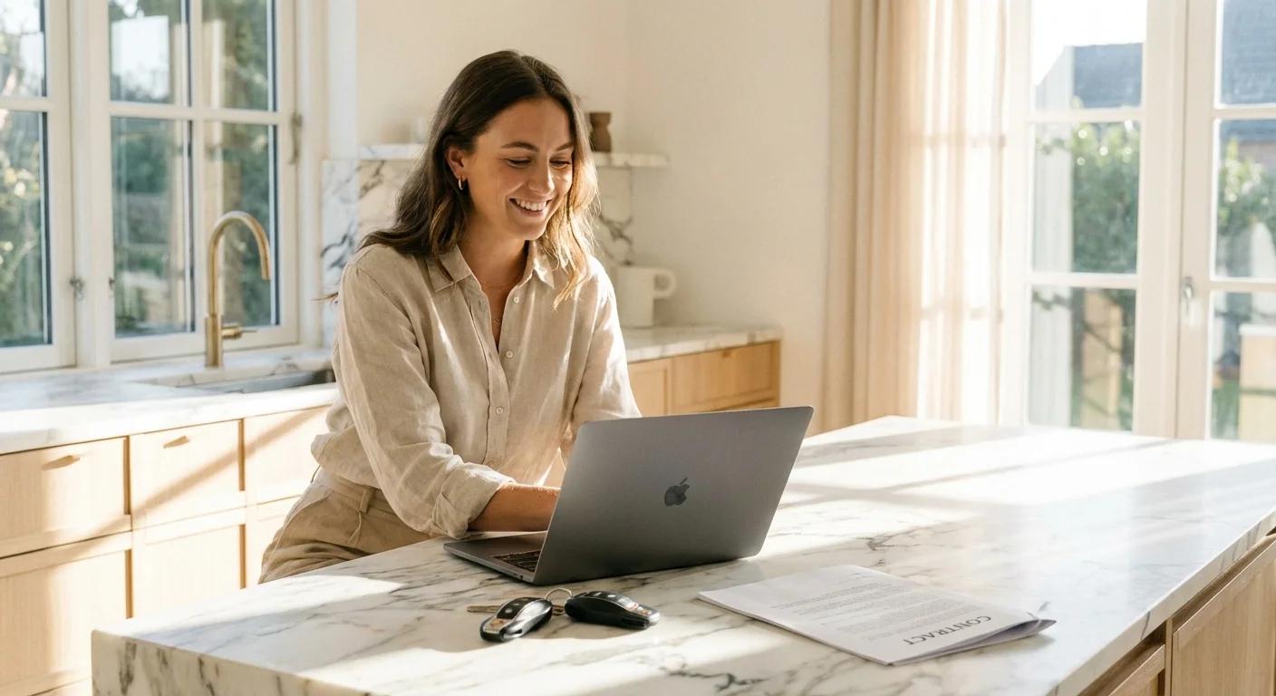 Smiling woman working on a laptop at a bright marble kitchen island with a contract.