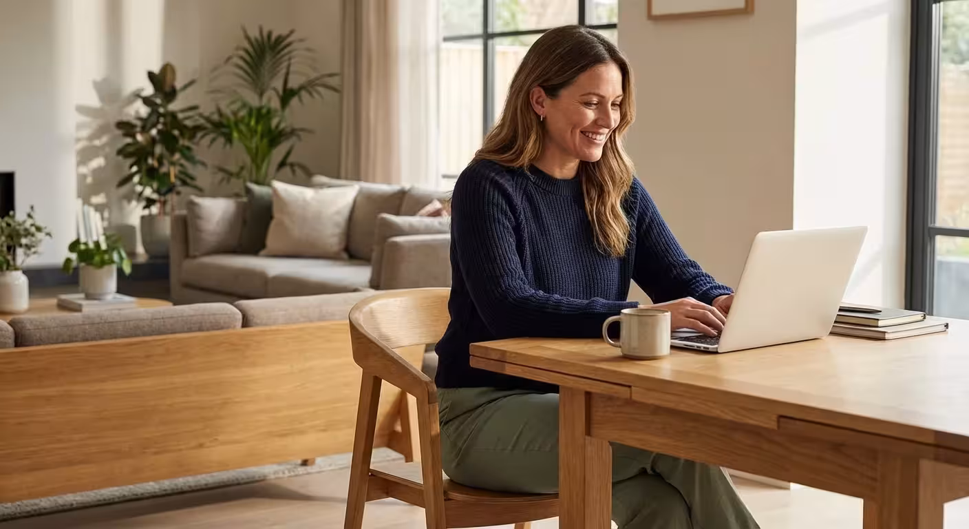 Smiling woman working on a laptop at a wooden dining table in a modern home.