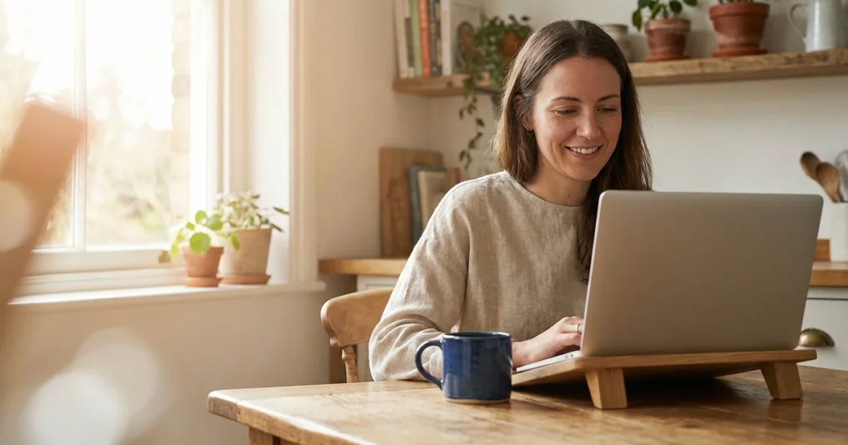 Smiling woman typing on a laptop at a wooden table in a sunlit kitchen setting.