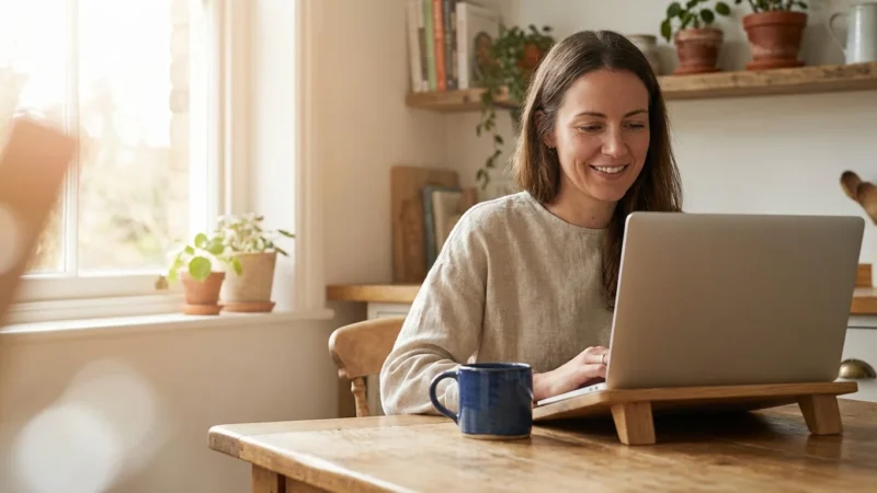 Smiling woman typing on a laptop at a wooden table in a sunlit kitchen setting.